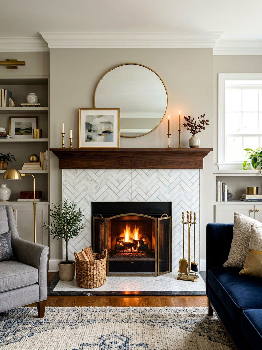 Herringbone Tile Pattern - 30 fireplace wall living room ideas