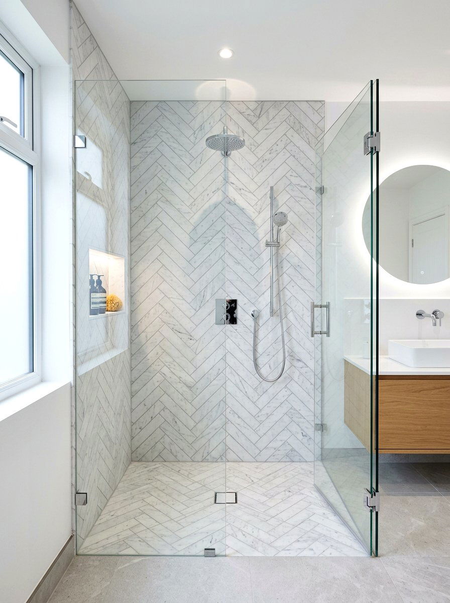 Herringbone Tile Pattern - 30 curbless shower ideas