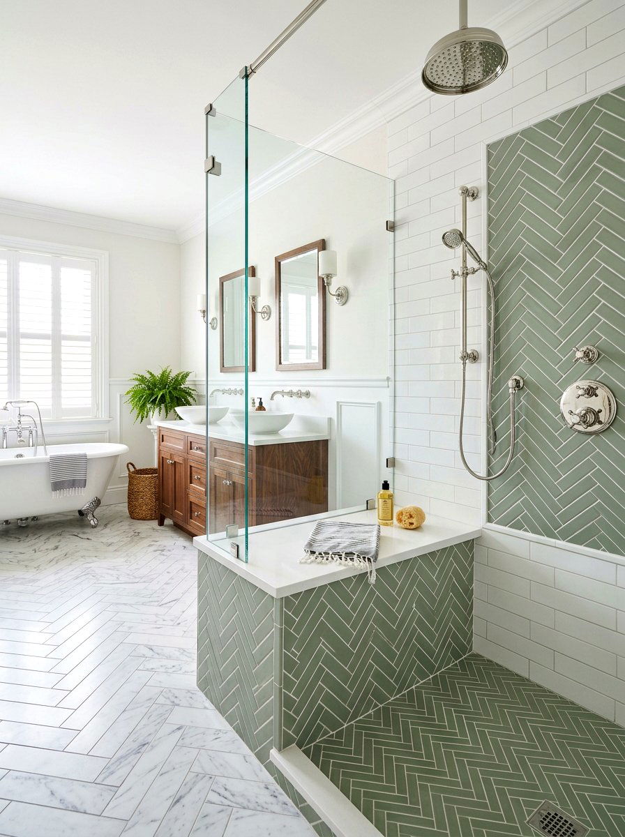 Herringbone Tile Shower Bench - 30 shower bench styling ideas