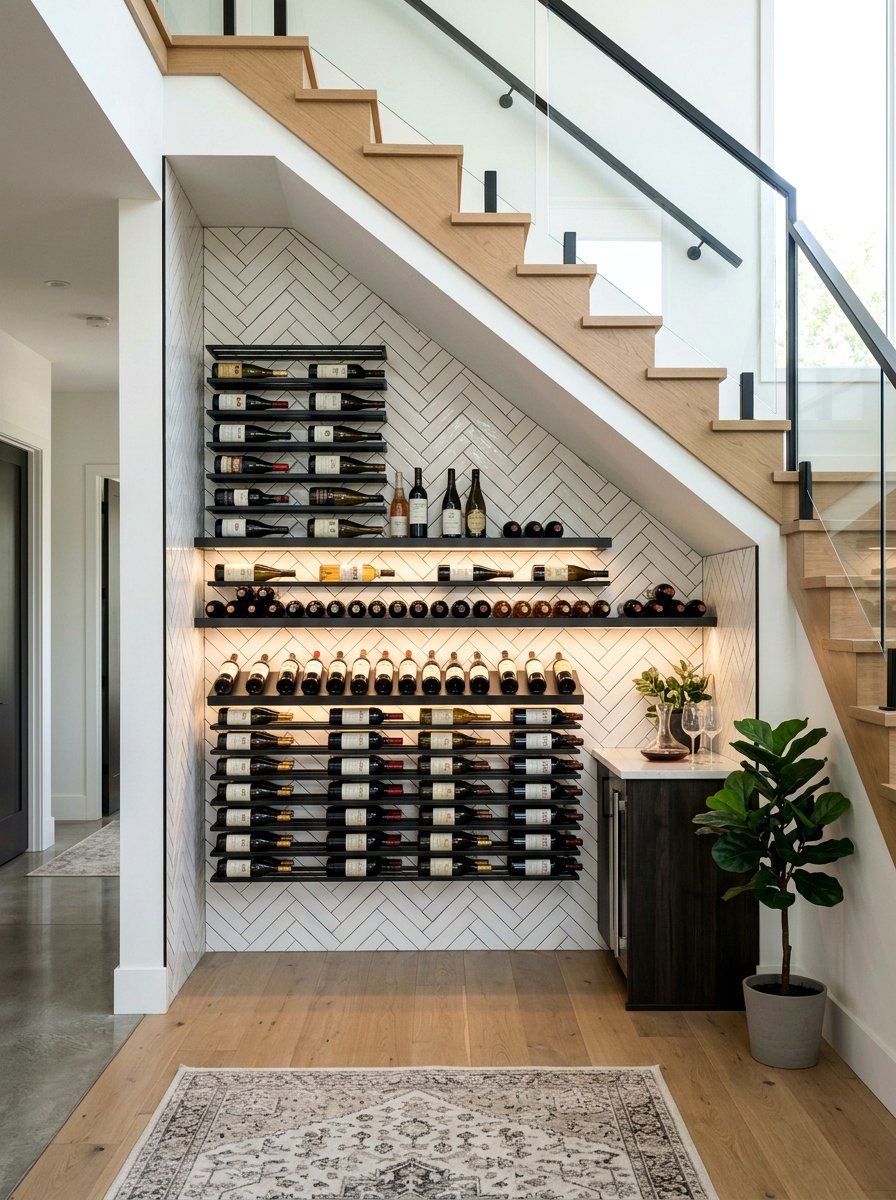Herringbone Tile Wine Wall - 30 under stairs wine nook ideas
