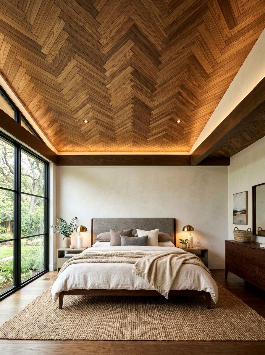 Herringbone Wood Ceiling - 30 bedroom ceiling ideas