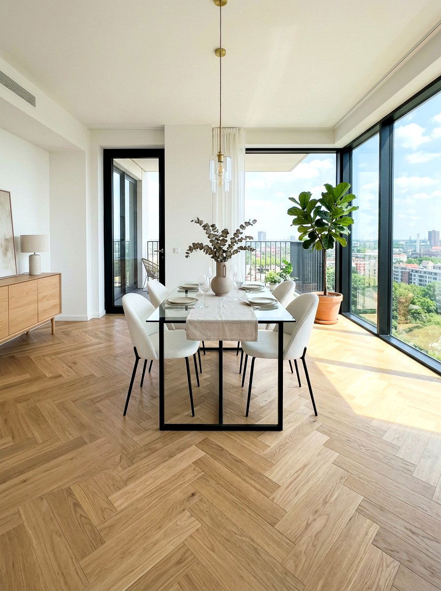Herringbone Wood Flooring - 30 quiet luxury dining room ideas