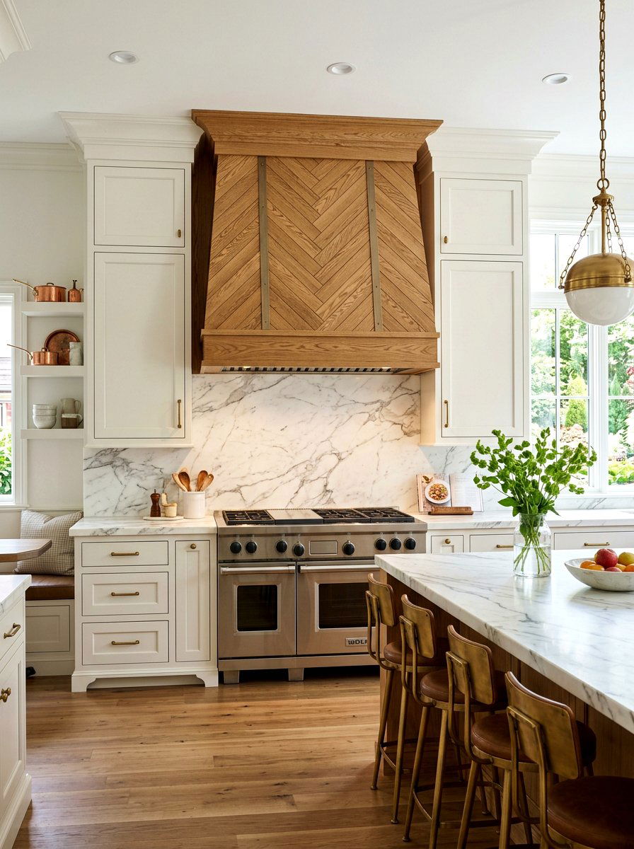 Herringbone Wood Panel Hood - 30 paneled range hood ideas