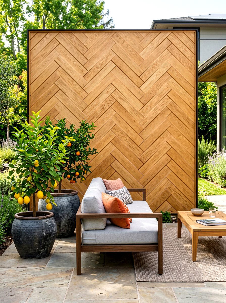 Herringbone Wood Privacy Screen - 30 porch privacy screen ideas