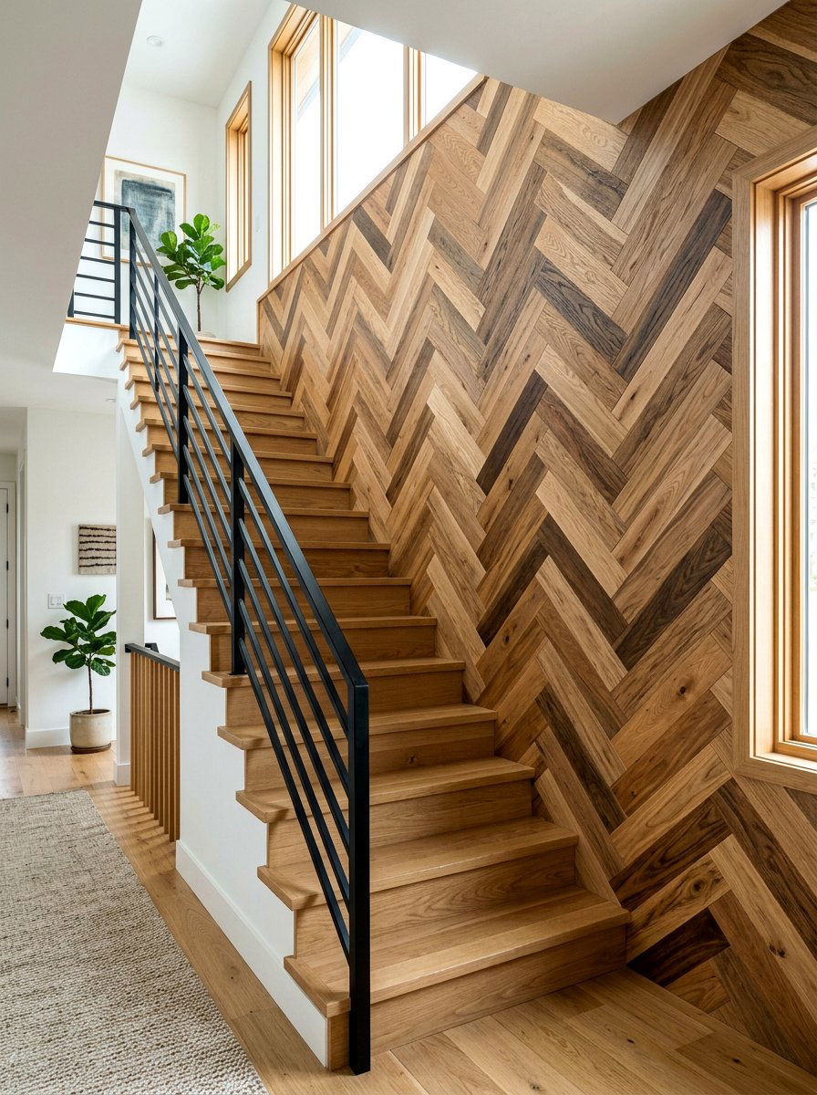 Herringbone Wood Wall - 30 staircase wall panel ideas