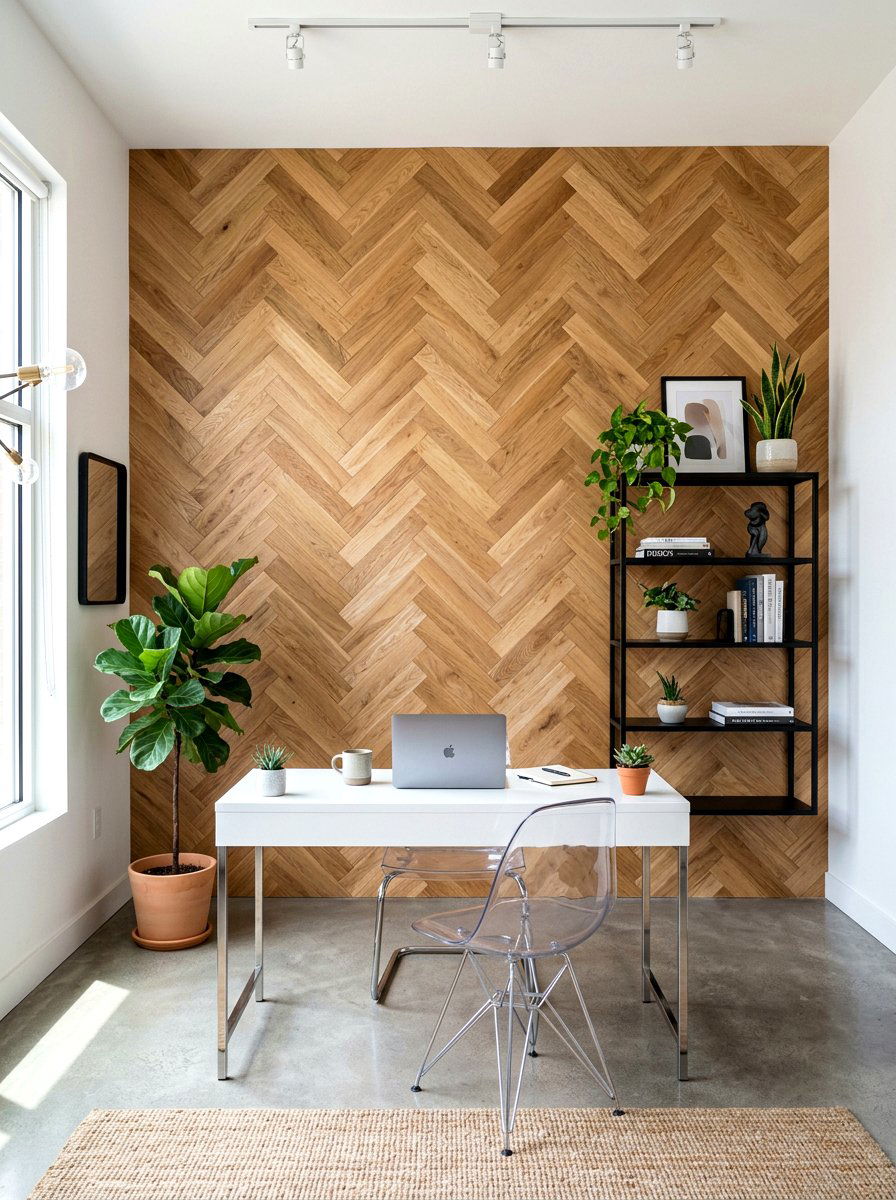 Herringbone Wood Wall Office - 30 wood paneled office ideas