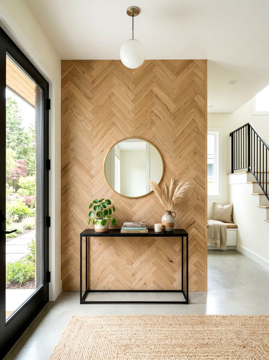 Herringbone Wood Wall - 30 foyer accent wall ideas