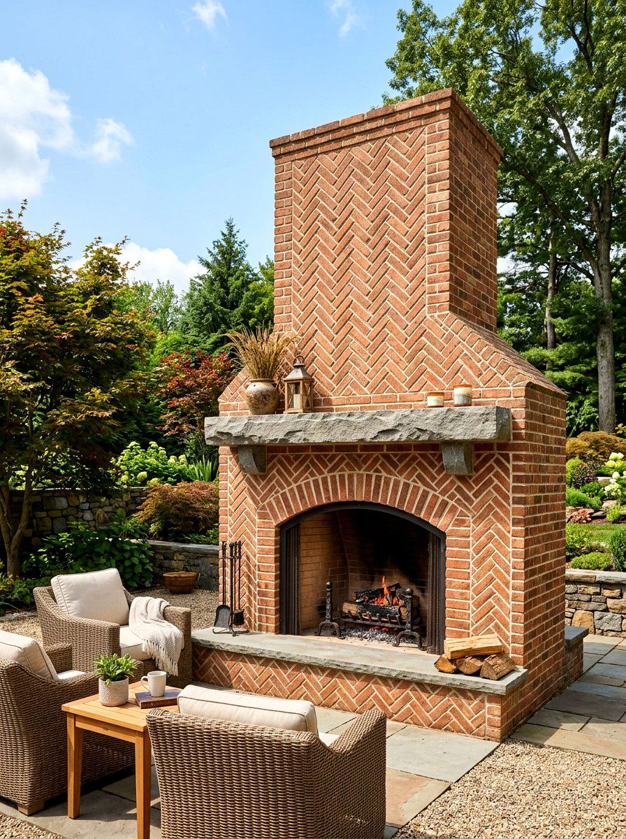 Herringbone brick fireplace pattern outdoor - 30 brick outdoor fireplace ideas