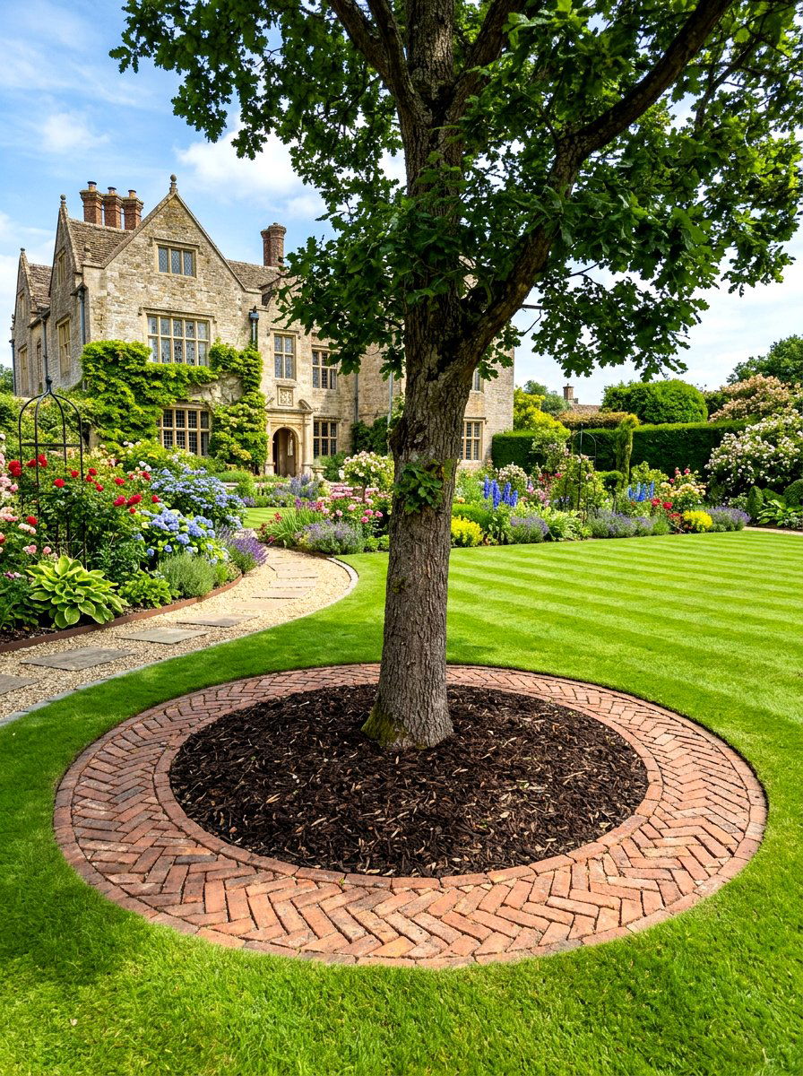 Herringbone brick tree ring - 30 mulch ring around tree ideas