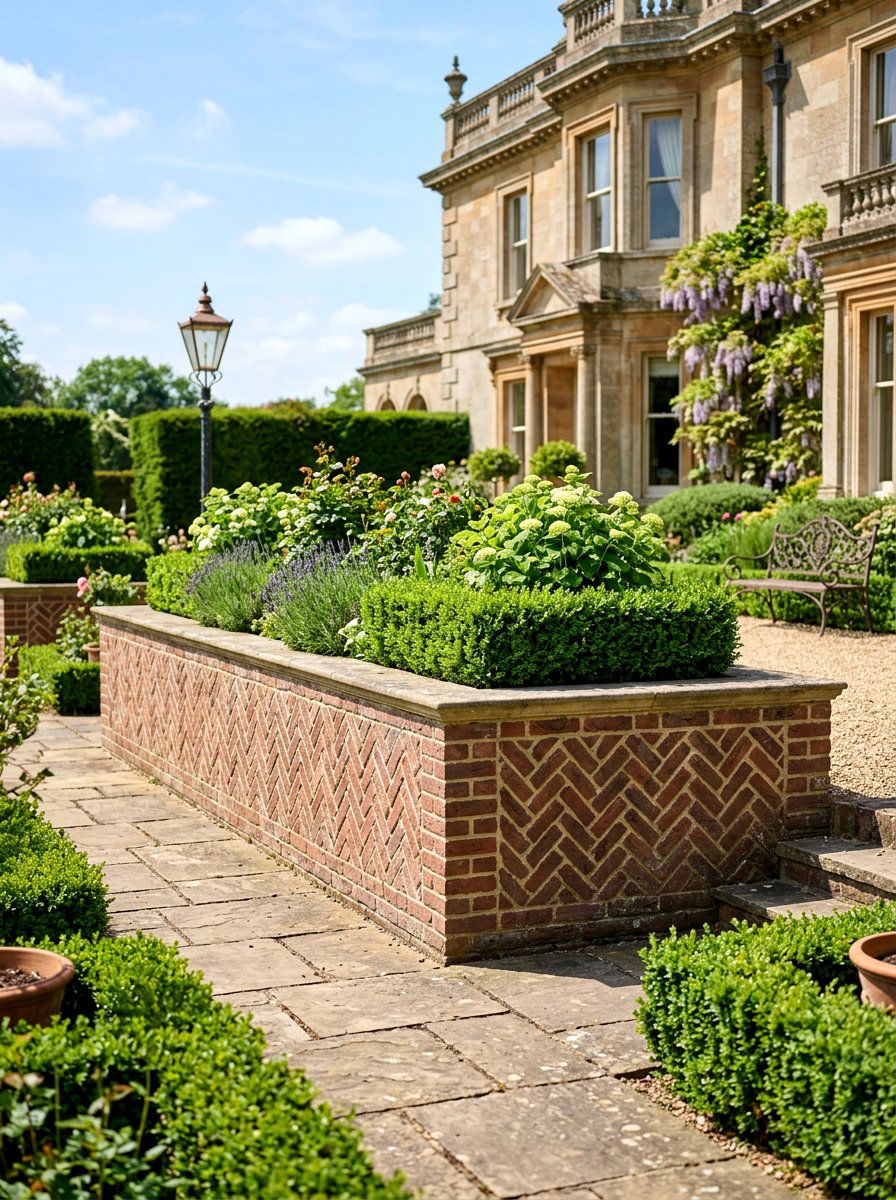 Herringbone pattern brick bed - 30 brick raised bed ideas