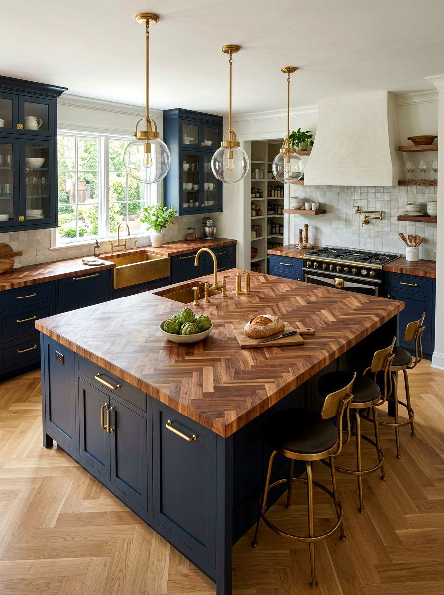 Herringbone pattern butcher block kitchen - 30 butcher block countertop ideas