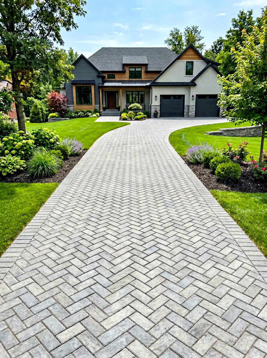 Herringbone pattern paver driveway - 30 paver driveway ideas