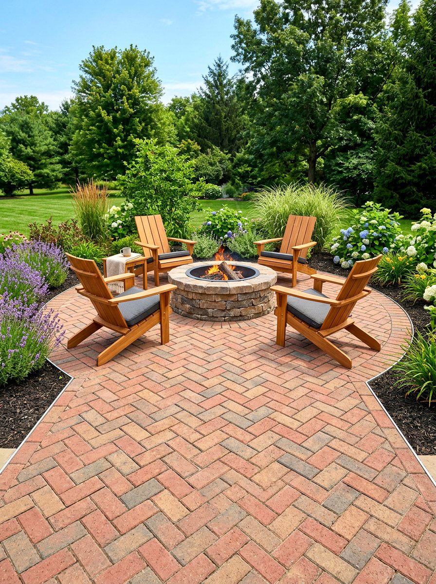 Herringbone pattern paver fire pit - 30 paver fire pit patio ideas