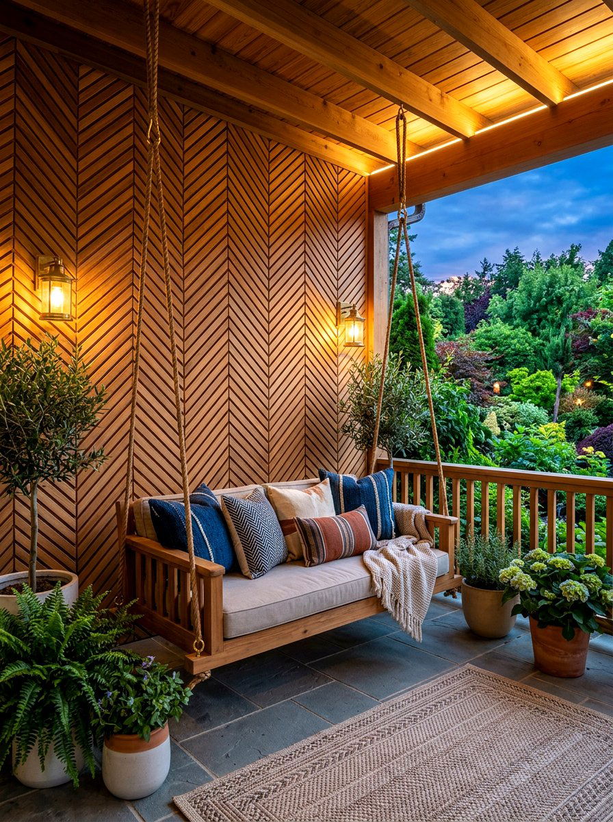 Herringbone pattern slat wall - 30 porch slat wall ideas