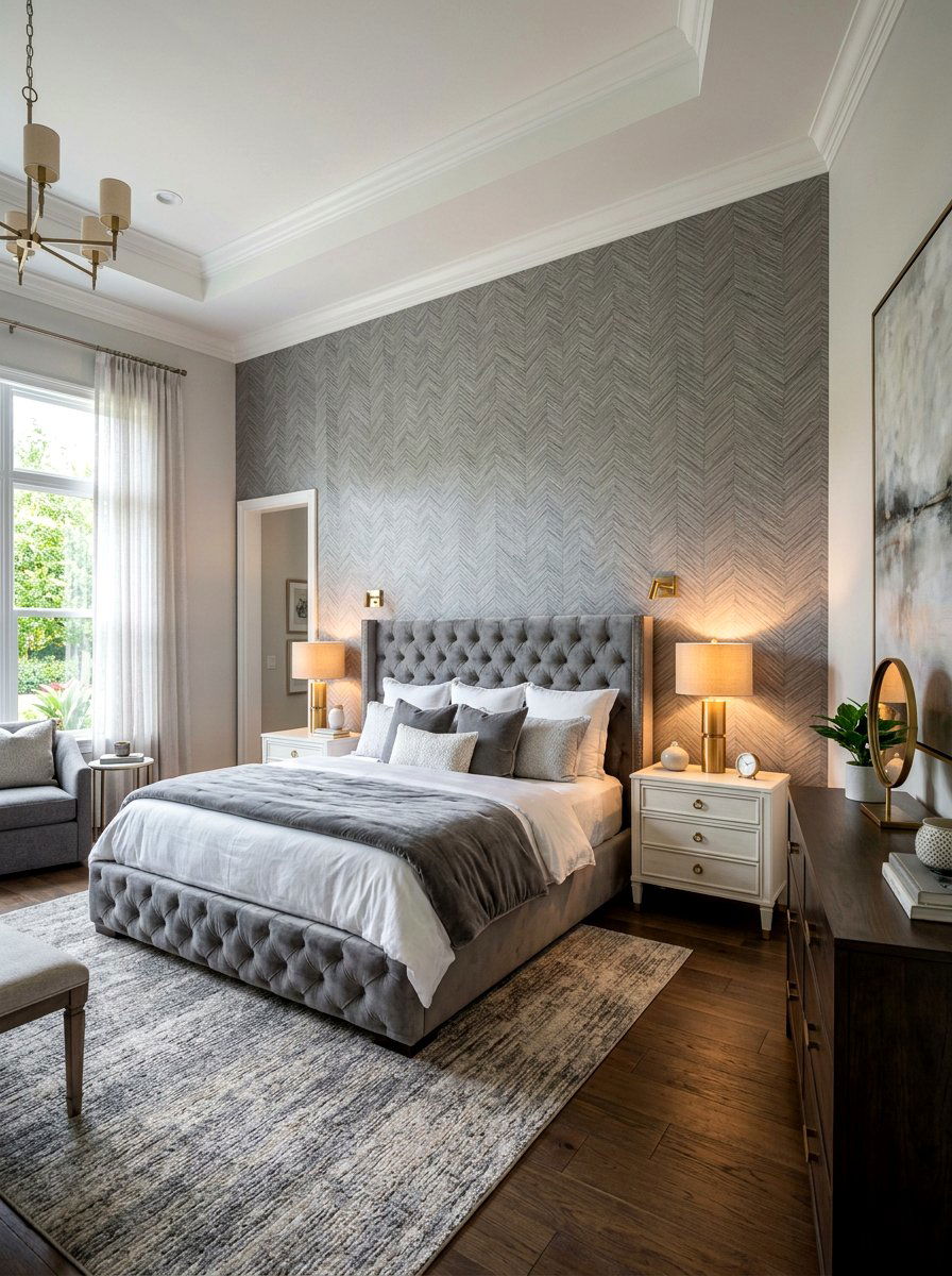 Herringbone pattern wallpaper master suite - 30 wallpaper accent wall ideas