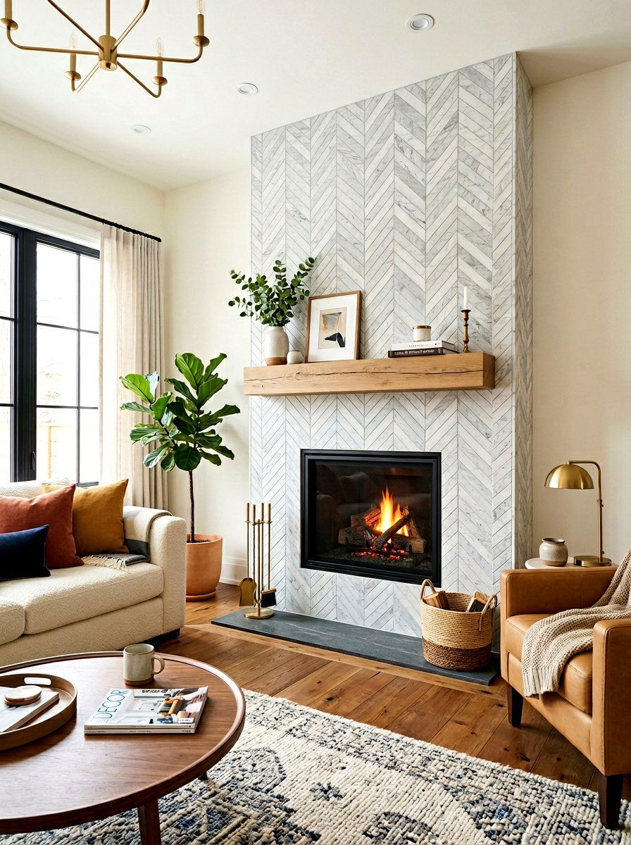 Herringbone tile fireplace - 30 living room fireplace ideas