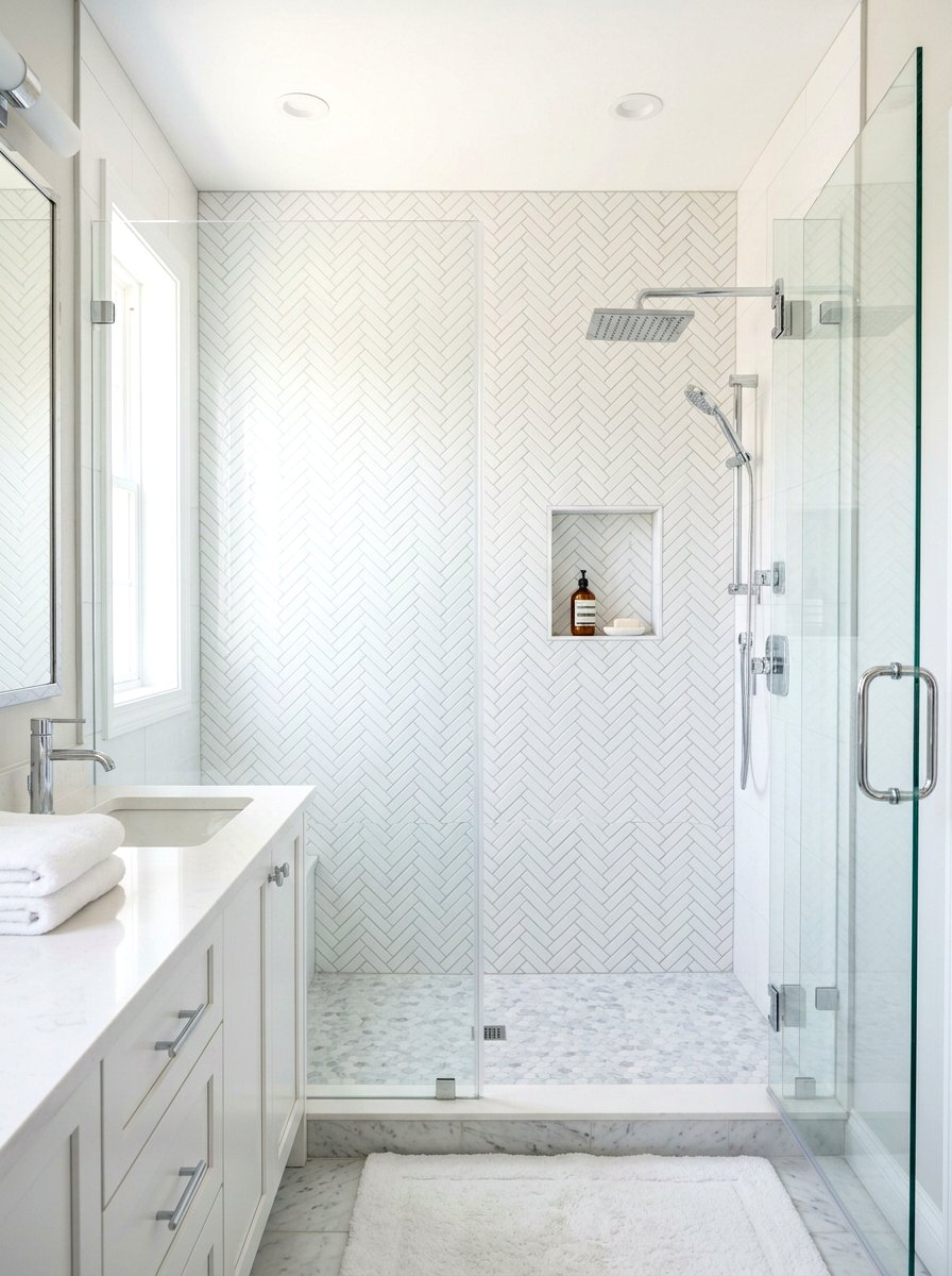 Herringbone tile shower wall - 30 double shower bathroom ideas