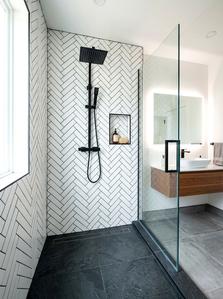 Herringbone tile shower - 30 walk in shower ideas