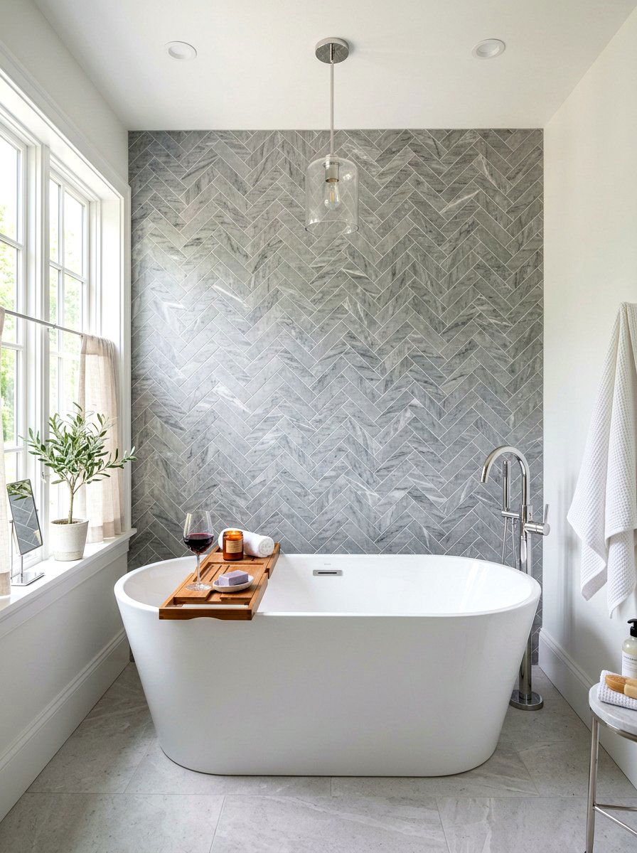Herringbone tile tub nook - 30 tub nook bathroom ideas