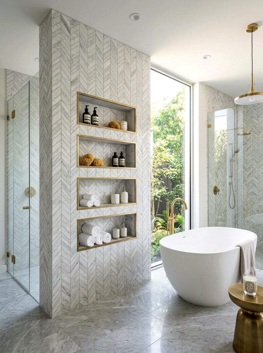 Herringbone tile wall storage - 30 tub niche ideas