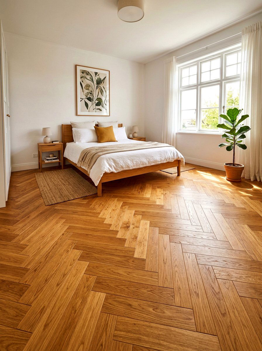 Herringbone wood floor bedroom - 30 Paris apartment bedroom ideas
