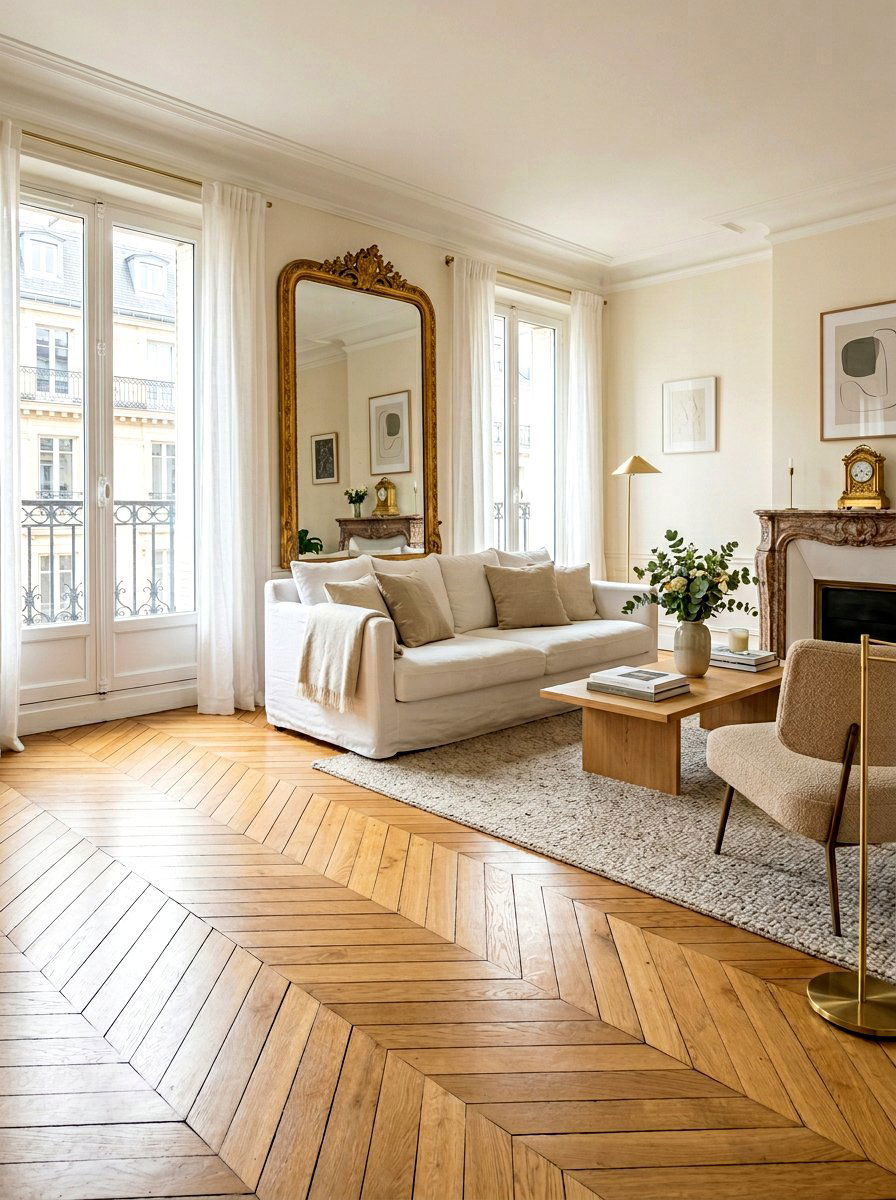 Herringbone wood floor pattern - 30 Parisian living room ideas