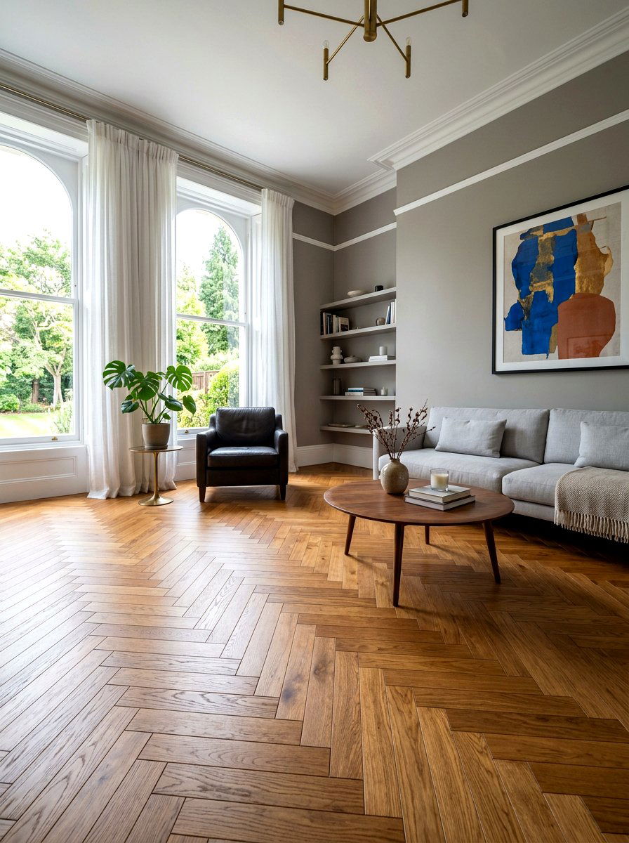 Herringbone wood floor with gray walls - 30 warm gray and wood living room ideas