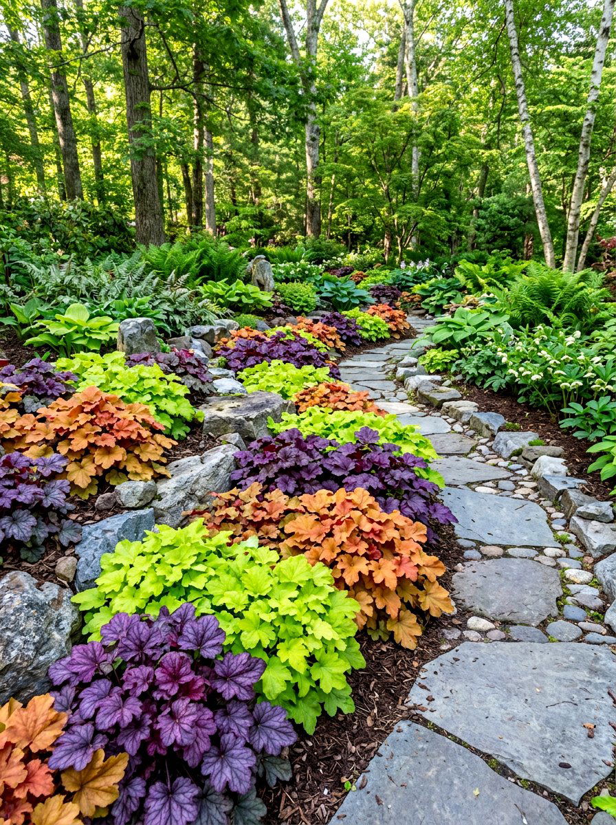 Heuchera Foliage Garden - 30 woodland shade garden ideas
