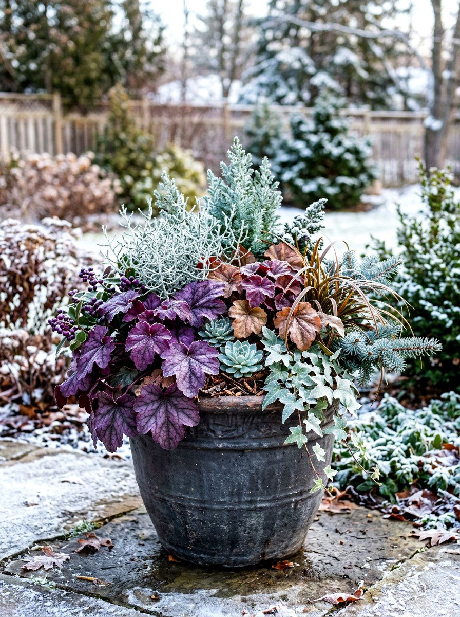 Heuchera Winter Pot - 30 winter container garden ideas