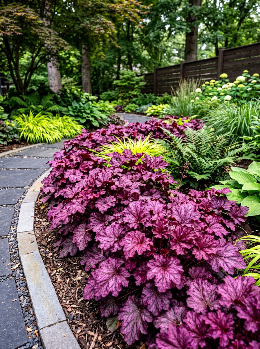 Heuchera foliage bed - 30 purple flower garden ideas