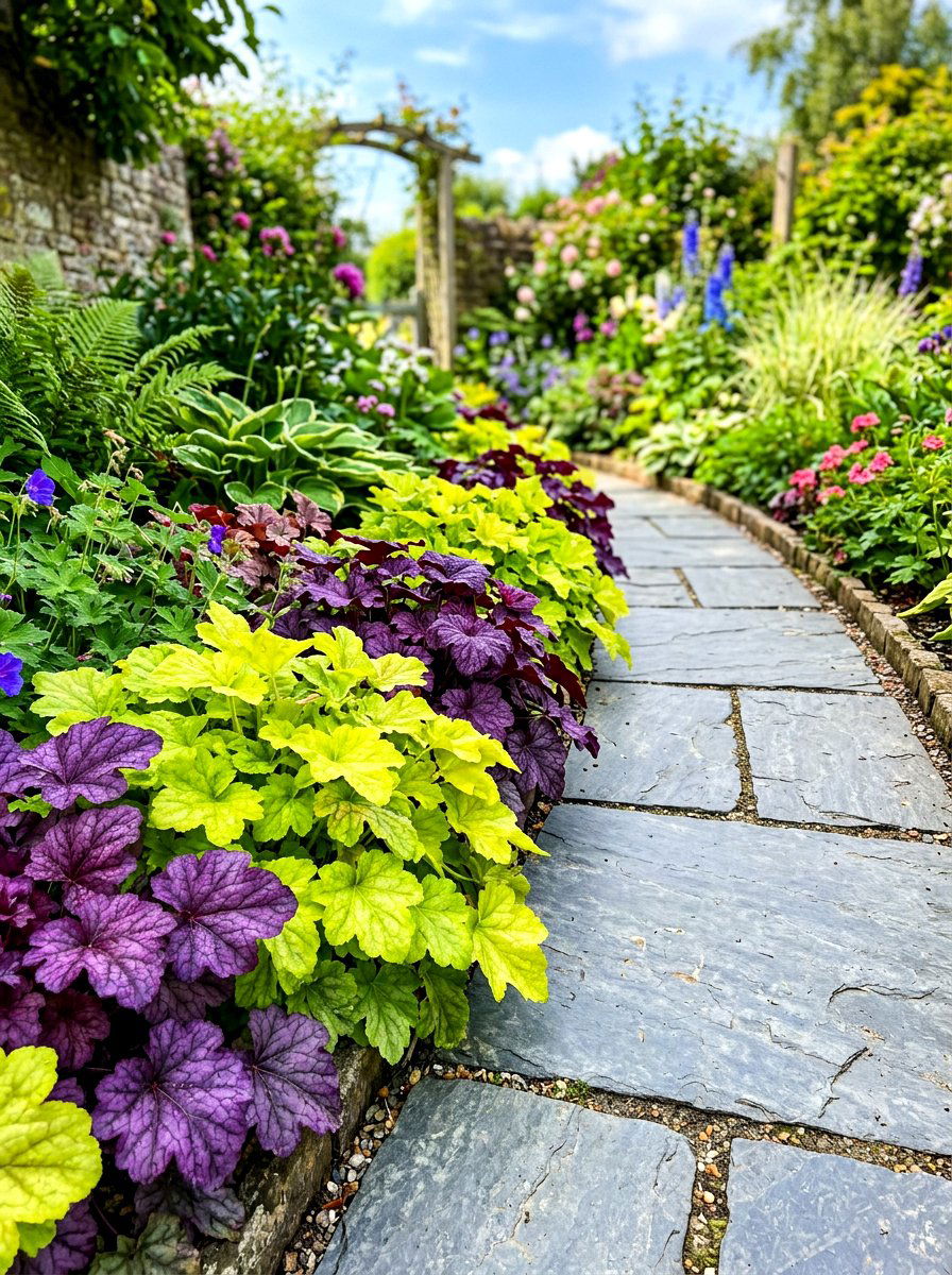 Heuchera foliage path edge - 30 walkway border planting ideas