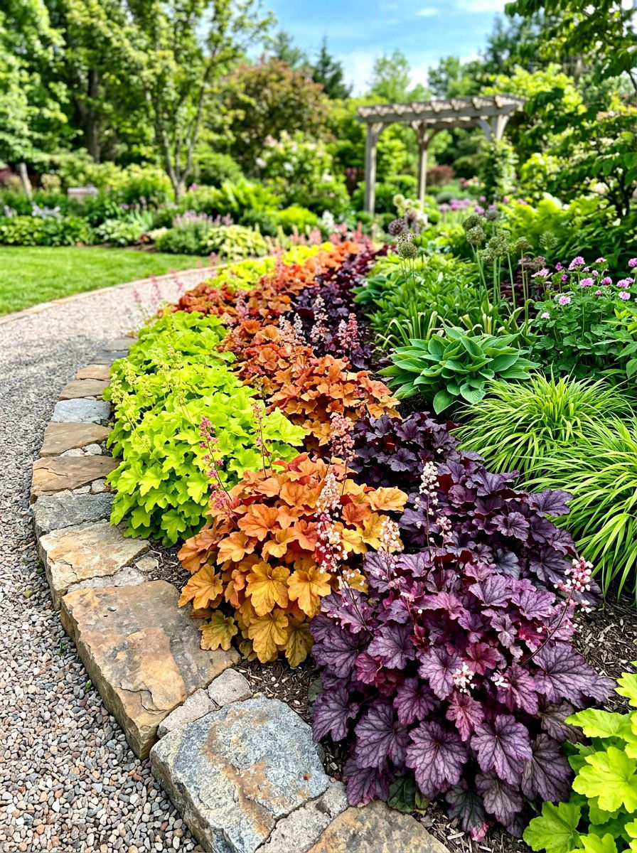 Heuchera rainbow border - 30 shade perennial garden ideas