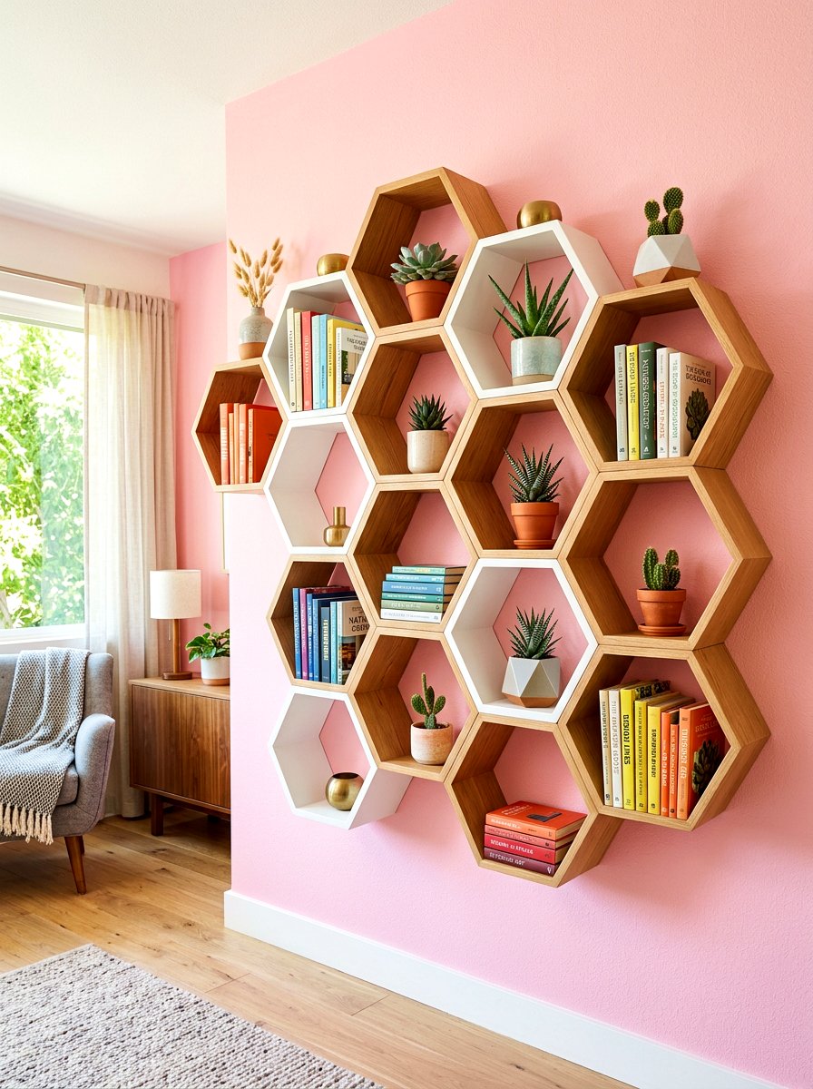 Hexagon Honeycomb Book Shelves - 30 nursery library wall ideas