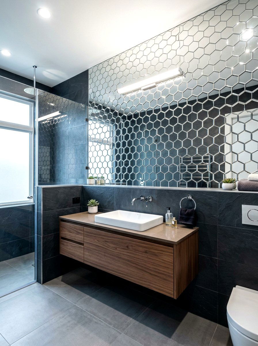 Hexagon Honeycomb Mirror Wall - 30 statement mirror gallery ideas