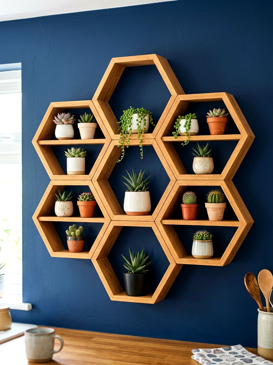 Hexagon Honeycomb Plant Shelf - 30 kitchen plant shelf ideas