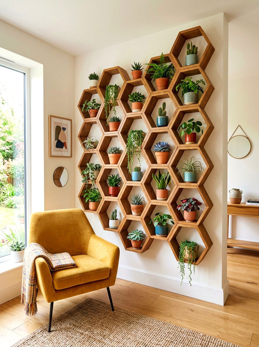 Hexagon Honeycomb Plant Shelf - 30 bedroom plant shelf ideas