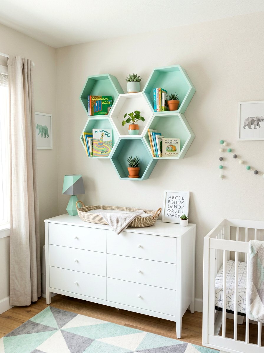 Hexagon Honeycomb Shelf - 30 nursery bookshelf ideas
