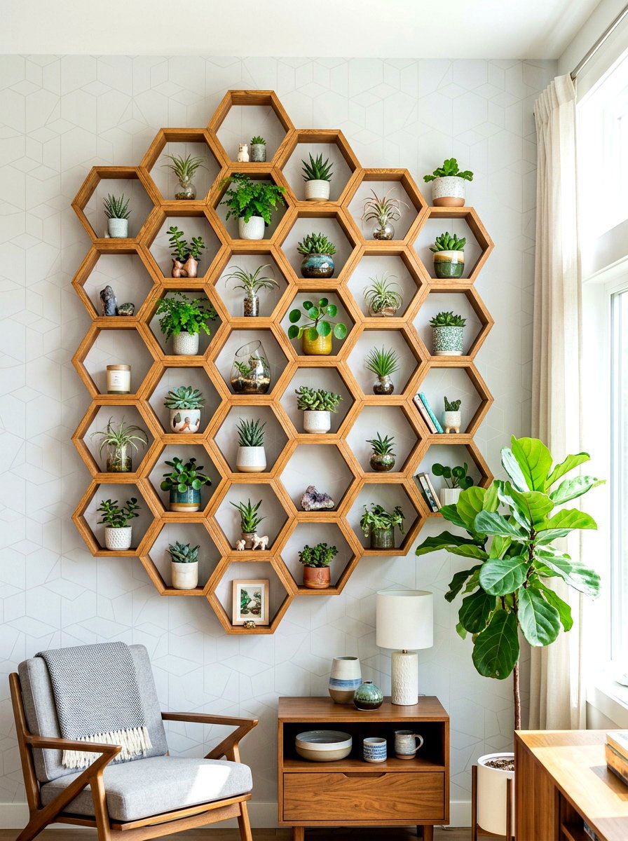 Hexagon Honeycomb Shelves - 30 office backdrop shelf ideas