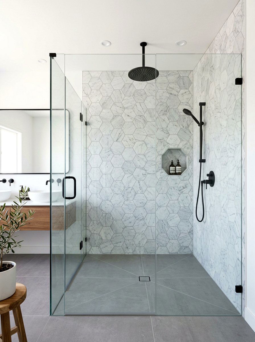 Hexagon Marble Shower - 30 mosaic marble bathroom ideas