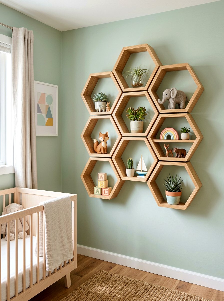 Hexagon Nursery Shelf - 30 nursery shelf styling ideas