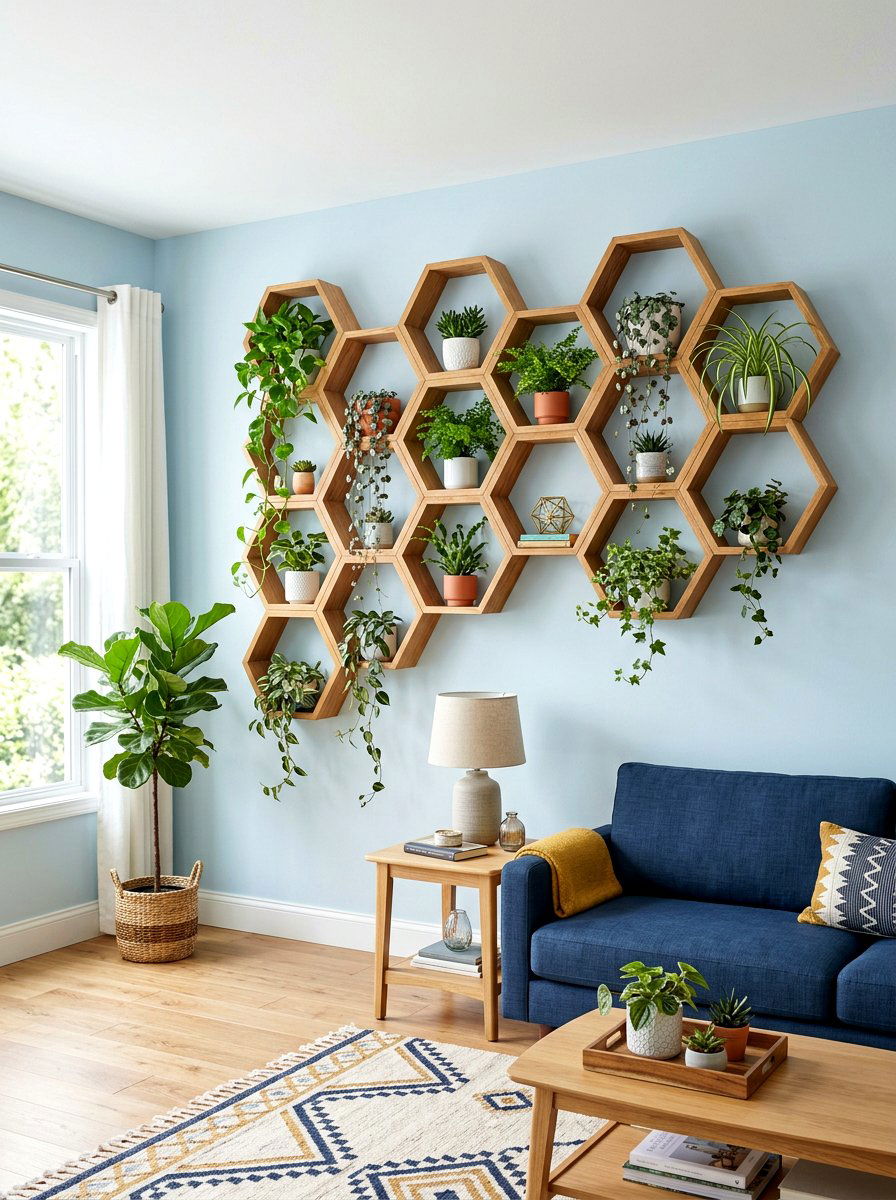 Hexagon Plant Shelf Wall - 30 living room plant wall ideas