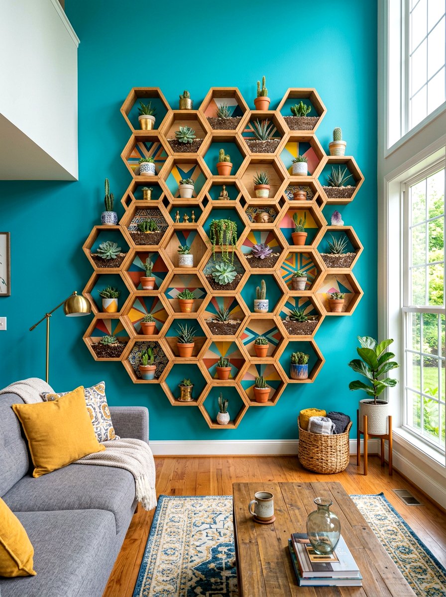 Hexagon Wall Display - 30 apartment plant shelf ideas