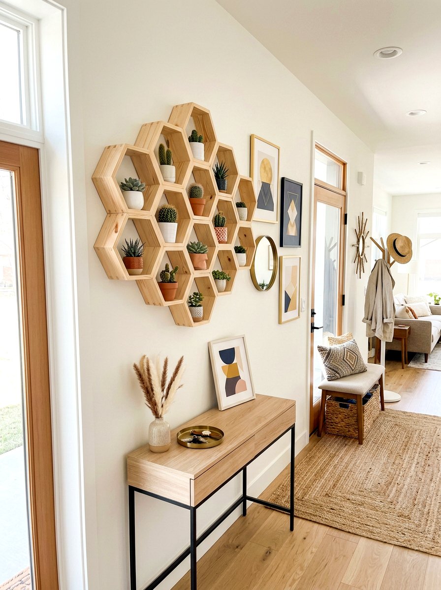 Hexagon Wood Wall Hive - 30 wall planter entryway ideas