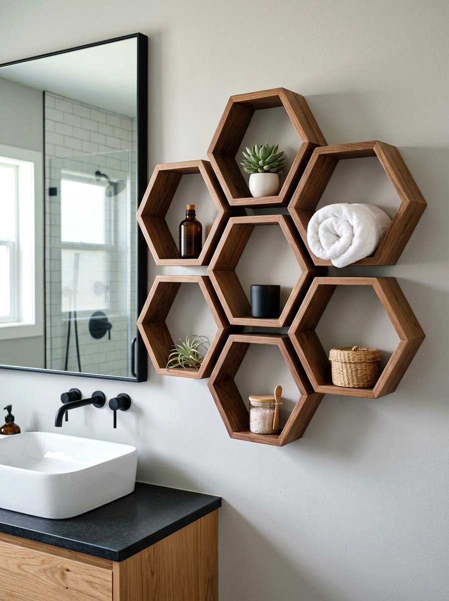 Hexagon Wood Wall Shelf - 30 spa shelf bathroom ideas