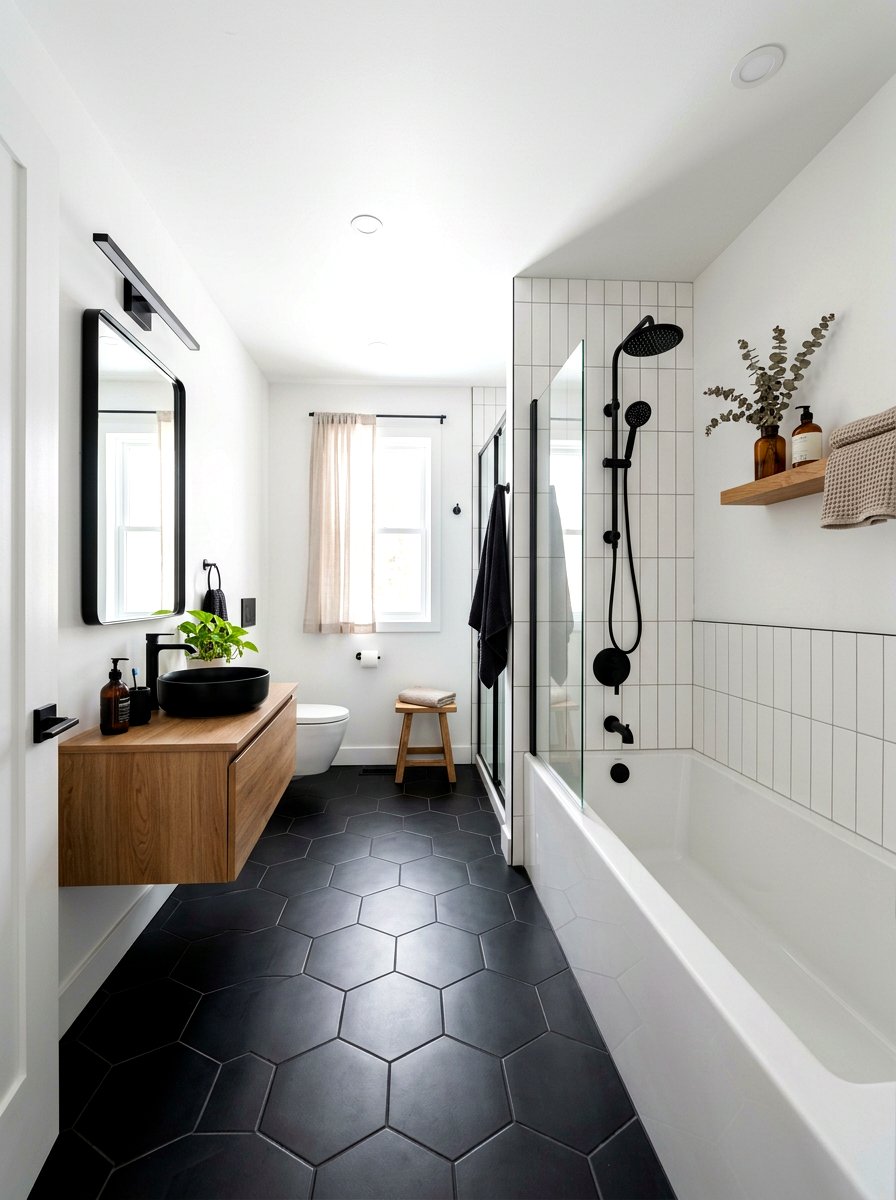 Hexagon bathroom floor tile - 30 alcove tub styling ideas
