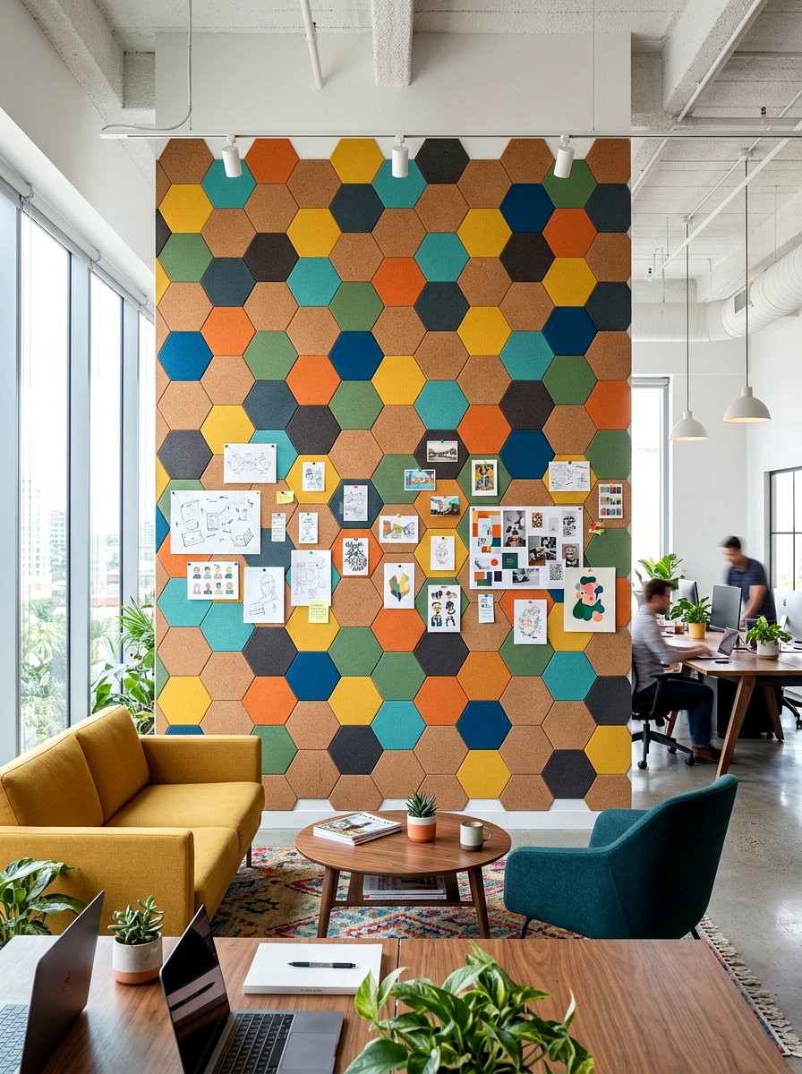 Hexagon cork tile wall - 30 pinboard office aesthetic ideas
