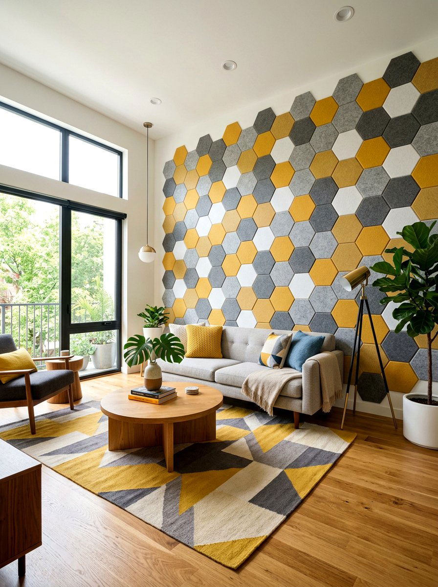 Hexagon felt tiles - 30 acoustic living room ideas