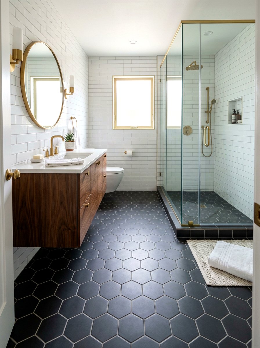 Hexagon floor tile - 30 mid century bathroom ideas