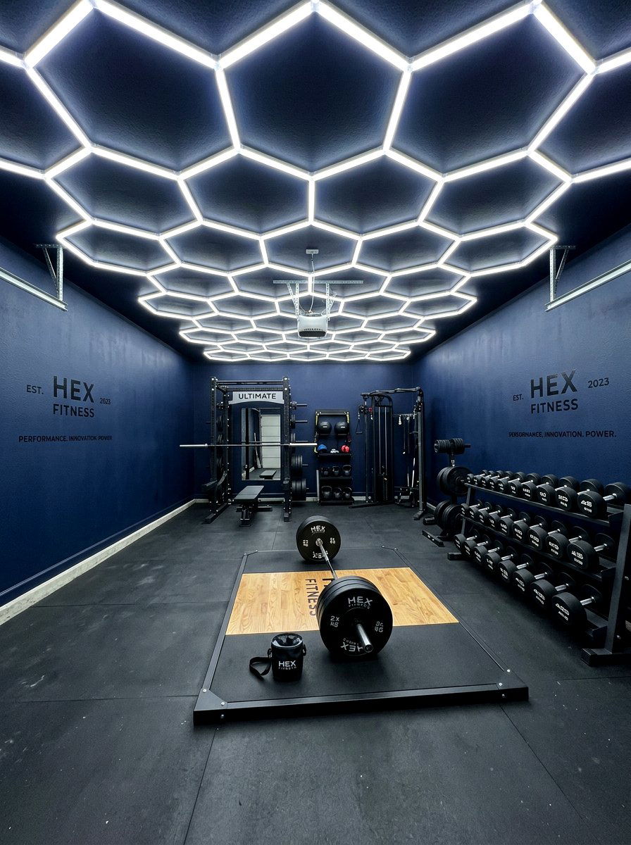 Hexagon led ceiling lighting - 30 garage gym ideas