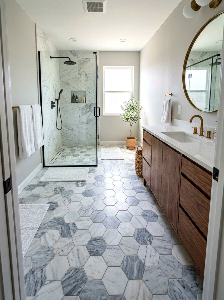 Hexagon marble tile - 30 bathroom makeover ideas